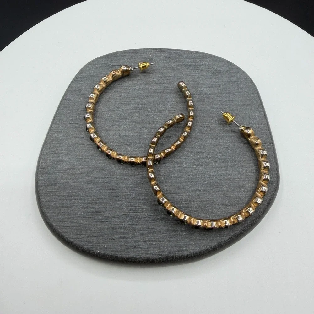 Gold Tone Smoky Gray Rhinestone Large Hoop Earrings Statement Costume Jewelry